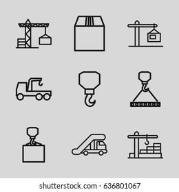 Crane icons set. set of 9 crane outline icons such as truck with hook, hook, hook with cargo
