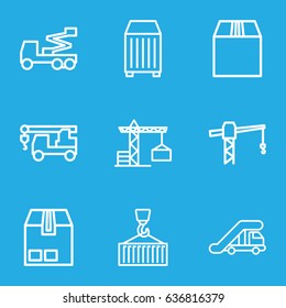 Crane icons set. set of 9 crane outline icons such as truck with hook, cargo container