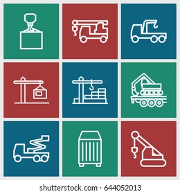 Crane icons set. set of 9 crane outline icons such as truck with hook, hook with cargo