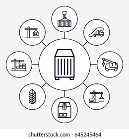 Crane icons set. set of 9 crane outline icons such as truck with hook, cargo, cargo container