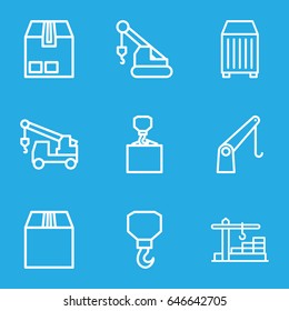 Crane icons set. set of 9 crane outline icons such as truck with hook, hook, hook with cargo