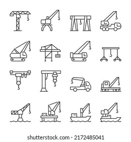Crane icons set. Different types of cranes, linear icon collection. Cargo, construction, rail and other industrial cranes for construction and logistics. Line with editable stroke