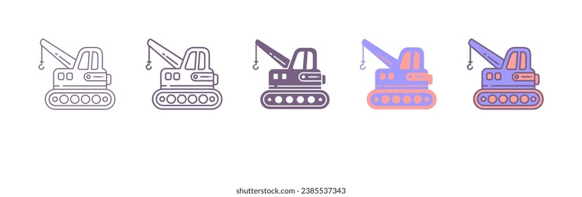 Kransymbole gesetzt. Verschiedene Krantypen, lineare Icon-Auflistung. Fracht-, Bau-, Schienen- und andere Industriekräne für Bau- und Logistikzwecke. Linie mit bearbeitbarer Vektorgrafik. 5 verschiedene Stile