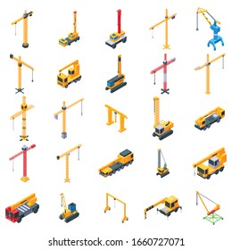 Crane icons set. Isometric set of crane vector icons for web design isolated on white background