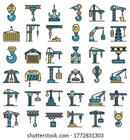 Crane icons set. Outline set of crane vector icons thin line color flat on white