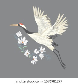 Crane, illustration, bird in flight Design element Vector