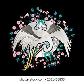crane illustration design for sukajan is mean japan traditional cloth or t-shirt with digital hand drawn Embroidery Men T-shirts Summer Casual Short Sleeve Hip Hop T Shirt Streetwear
