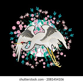 crane illustration design for sukajan is mean japan traditional cloth or t-shirt with digital hand drawn Embroidery Men T-shirts Summer Casual Short Sleeve Hip Hop T Shirt Streetwear