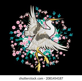 crane illustration design for sukajan is mean japan traditional cloth or t-shirt with digital hand drawn Embroidery Men T-shirts Summer Casual Short Sleeve Hip Hop T Shirt Streetwear