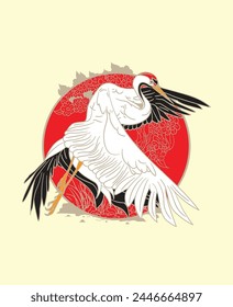 crane illustration design for sukajan is mean japan traditional cloth or t-shirt with digital hand drawn Embroidery Men T-shirts Summer Casual Short Sleeve Hip Hop T Shirt Streetwear
