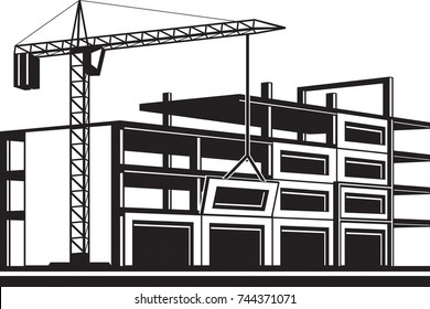 Crane installing curtain wall of building - vector illustration