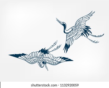 crane japanese vector sketch illustration engraved chinese