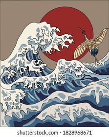 Crane and Japanese wave vector illustration for T-shirt.Traditional Chinese wave and sunrise.Beautiful line art of nature for printing on shirt.Asian art for doodle and painting on background.