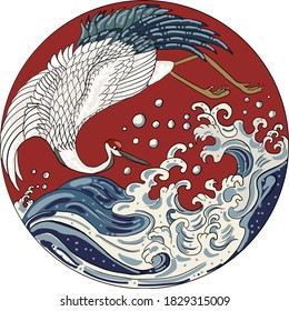 Crane and Japanese wave vector illustration for T-shirt.Traditional Chinese wave in circle.Beautiful line art of nature for printing on shirt.Asian art for doodle and painting on background.