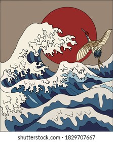 Crane and Japanese wave vector illustration for T-shirt.Traditional Chinese wave and sunrise.Beautiful line art of nature for printing on shirt.Asian art for doodle and painting on background.