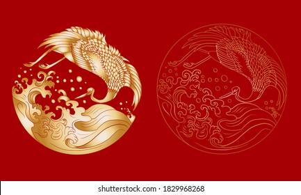 Crane and Japanese wave vector illustration for T-shirt.Traditional Chinese wave in circle.Beautiful line art of nature for printing on shirt.Asian art for doodle and painting on background.