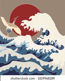 Crane and Japanese wave vector illustration for T-shirt.Traditional Chinese wave and sunrise.Beautiful line art of nature for printing on shirt.Asian art for doodle and painting on background.