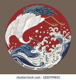 Crane and Japanese wave vector illustration for T-shirt.Traditional Chinese wave in circle.Beautiful line art of nature for printing on shirt.Asian art for doodle and painting on background.