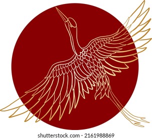 Crane and Japanese wave vector illustration for T-shirt.Traditional Chinese wave in circle.Beautiful line art of nature for printing on shirt.Asian art for doodle and painting on background.
