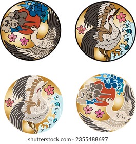 Crane and Japanese wave vector illustration for T-shirt.Traditional Chinese wave in circle.Beautiful line art of nature for printing on shirt.Asian art for doodle and painting on background.