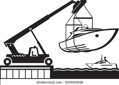 Crane launching yacht in water  - vector illustration