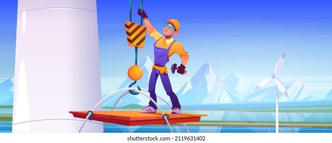 Crane lift up worker man for wind turbine maintenance. Vector cartoon illustration of mountain landscape, river, energy plant with windmills and man in helmet with hammer