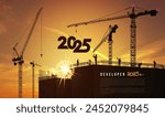 Crane lifting 2025, concept 2025. Black of staff works as a team to prepare to welcome the New Year 2025. Selective Focus, Toned vector. New year silhouette. Business vector in the New Year. Developer