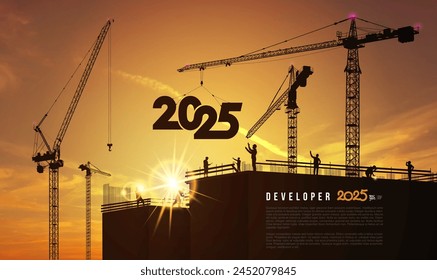 Kranheben 2025, Konzept 2025. Black of staff arbeitet als Team, um das Neue Jahr 2025 zu begrüßen. Selektiver Fokus, getönte Vektorgrafik. Neuen Jahre Silhouette. Business Vektorgrafik im Neuen Jahr. Entwickler