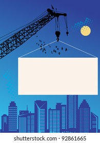 Crane lifting a blank sign with space for text, vector illustration