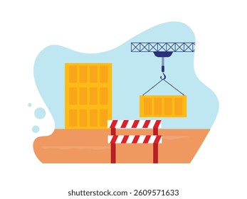 Crane lifting box, working in construction. Design character. Vector flat illustration