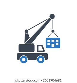 Crane Lifting Building Block Icon On White Background