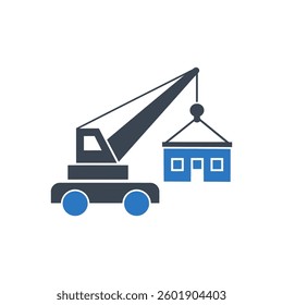 Crane Lifting Building Unit Icon On White Background