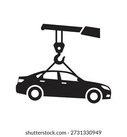 Ilustración vectorial del icono del coche de elevación de la grúa que muestra el gancho del servicio de remolque de la recuperación del vehículo que cuelga el concepto del depósito de transporte aislado