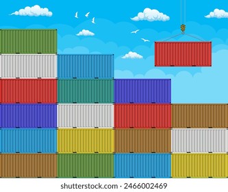 Crane lifting cargo container from large stack. vector illustration in flat design.