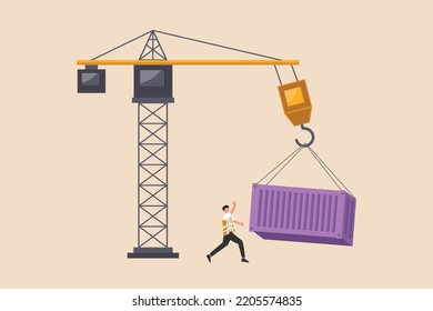 Crane is lifting with cargo container. Shipment and logistic concept. Colored flat vector illustration. 