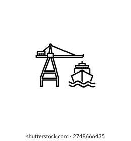 A crane lifting cargo off a ship in a harbor, viewed from the side, illustration
