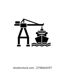 A crane lifting cargo off a ship in a harbor, viewed from the side, illustration
