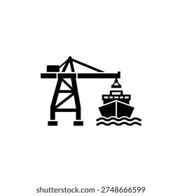 A crane lifting cargo off a ship in a harbor, viewed from the side, illustration

