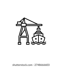 A crane lifting cargo off a ship in a harbor, viewed from the side, illustration
