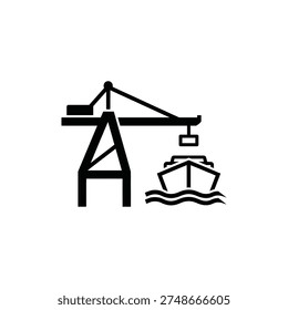 A crane lifting cargo off a ship in a harbor, viewed from the side, illustration

