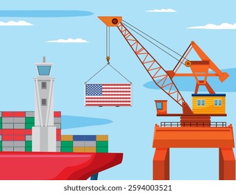 Crane lifting container with American flag design