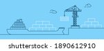 Crane lifting container with cargo ship on shipping port. Freight transport and logistics concept. Thin line art vector illustration.