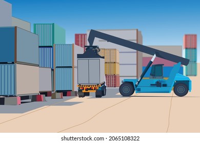 Crane lifting container in harbour against blue sky background. Shipment cargo port activity by heavy vehicle