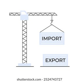 Um guindaste que levanta um contêiner rotulado como IMPORT ao lado de outro contêiner rotulado como EXPORT. Ideal para logística, comércio global, transporte, importação-exportação de negócios, gestão da cadeia de suprimentos. Estilo de vetor simples