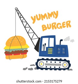 crane lifting a hamburger vector illustration