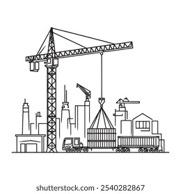 Crane Lifting Heavy Loads Continuous Line Drawing Industrial silhouette on white background
