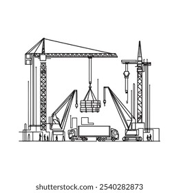 Crane Lifting Heavy Loads Continuous Line Drawing Industrial silhouette on white background
