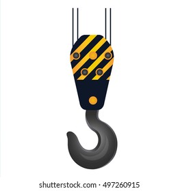 Crane lifting hook on wire rope icon. Hoist part for grabbing loads. Construction and heavy industry equipment. Vector illustration