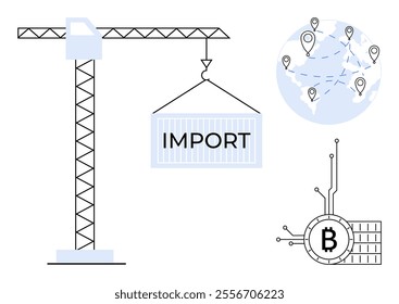 Crane lifting an import container, global map with locations, and Bitcoin symbol in tech style. Ideal for global trade, import, export, cryptocurrency, and logistics themes