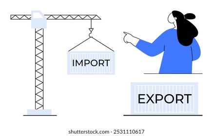 A crane is lifting an import container while a person points towards an export container. Ideal for logistics, international trade, shipping, freight transportation, and global commerce. Simple